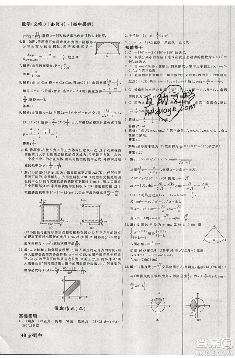 衡水金卷2019新版衡中假期暑假作業(yè)高一數(shù)學(xué)參考答案