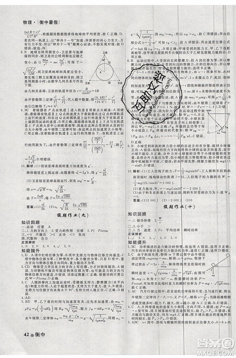 衡水金卷2019新版衡中假期暑假作業(yè)高一物理參考答案