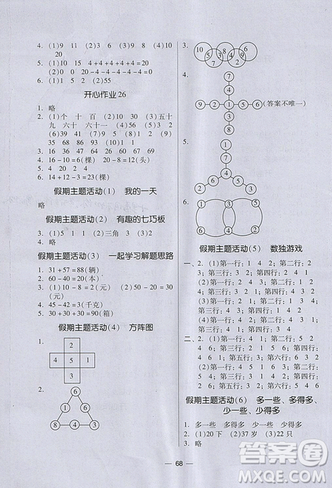 2019年開(kāi)心教育暑假作業(yè)數(shù)學(xué)一年級(jí)人教版答案