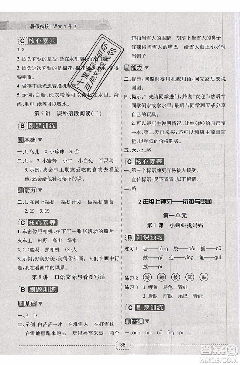 2019新版名師派暑假銜接一升二語文通用版暑假作業(yè)參考答案