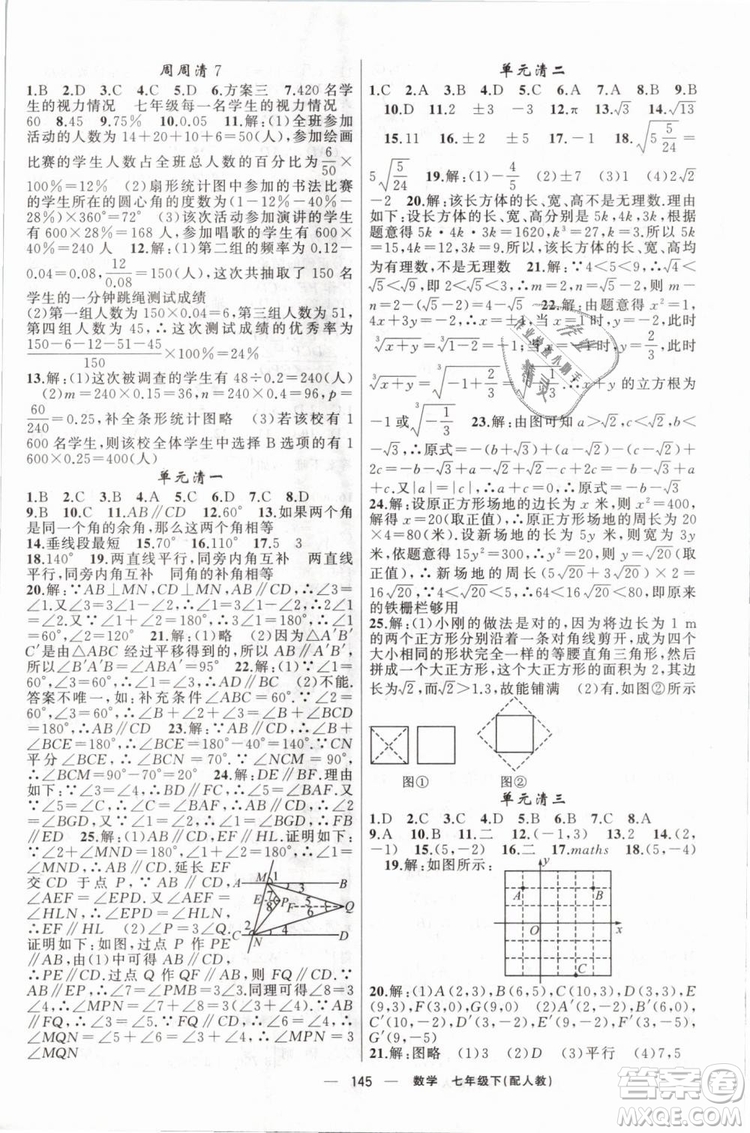 2019年四清導航七年級數(shù)學下冊人教版參考答案