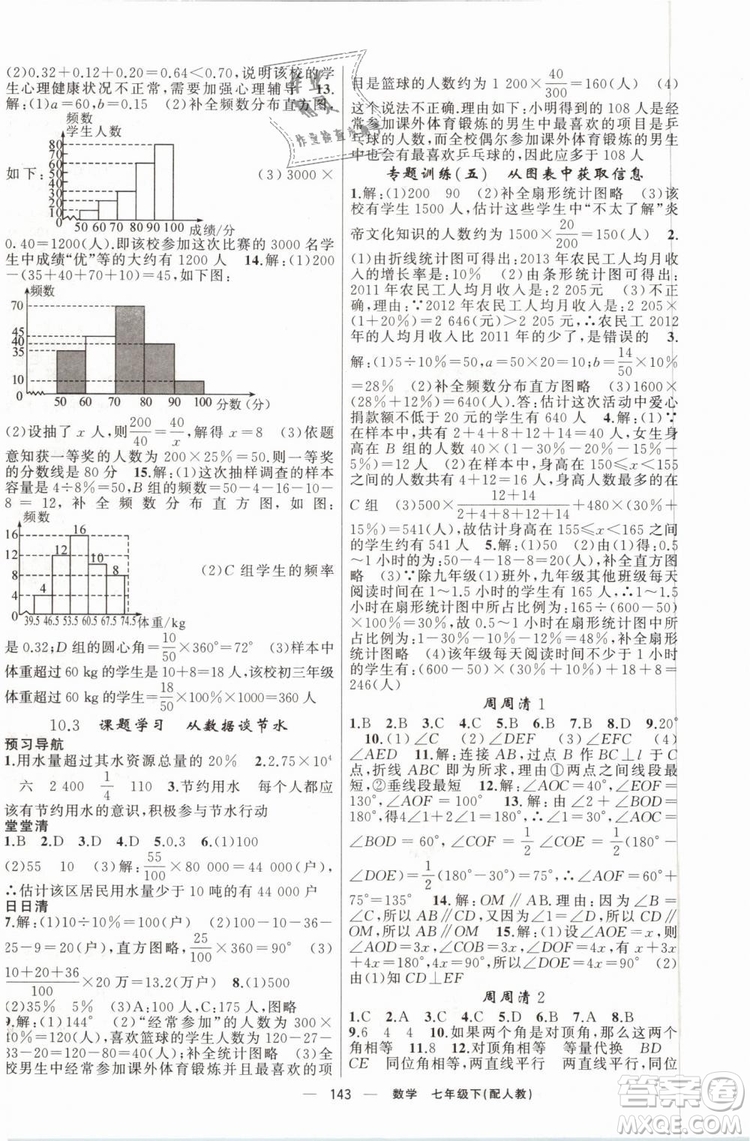 2019年四清導航七年級數(shù)學下冊人教版參考答案