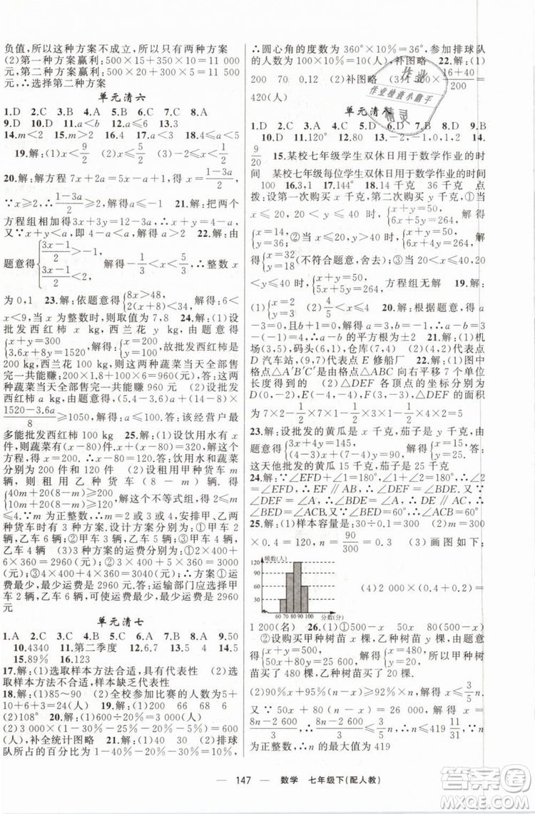 2019年四清導航七年級數(shù)學下冊人教版參考答案