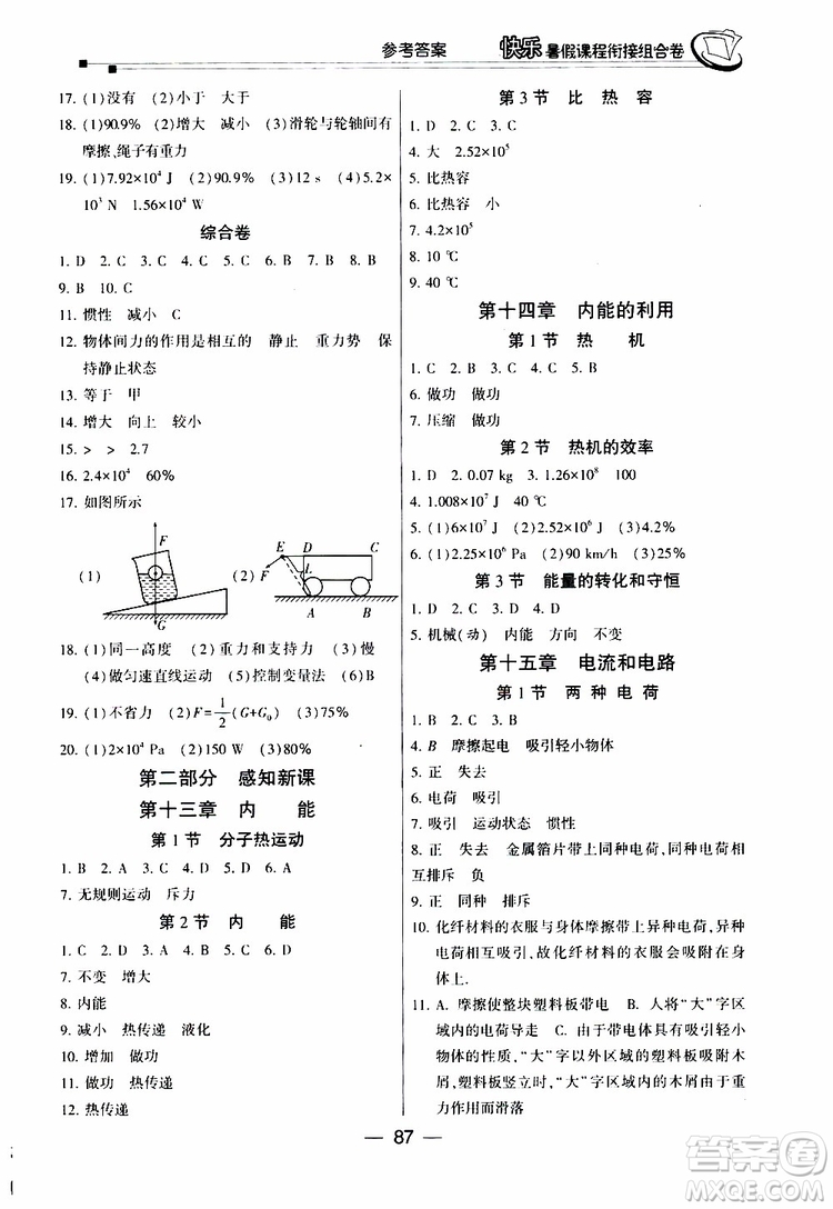 2019年快樂(lè)暑假課程銜接組合卷八年級(jí)物理人教版參考答案