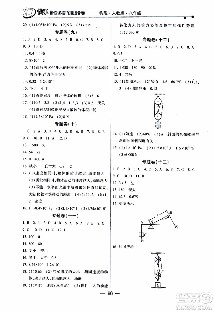 2019年快樂(lè)暑假課程銜接組合卷八年級(jí)物理人教版參考答案