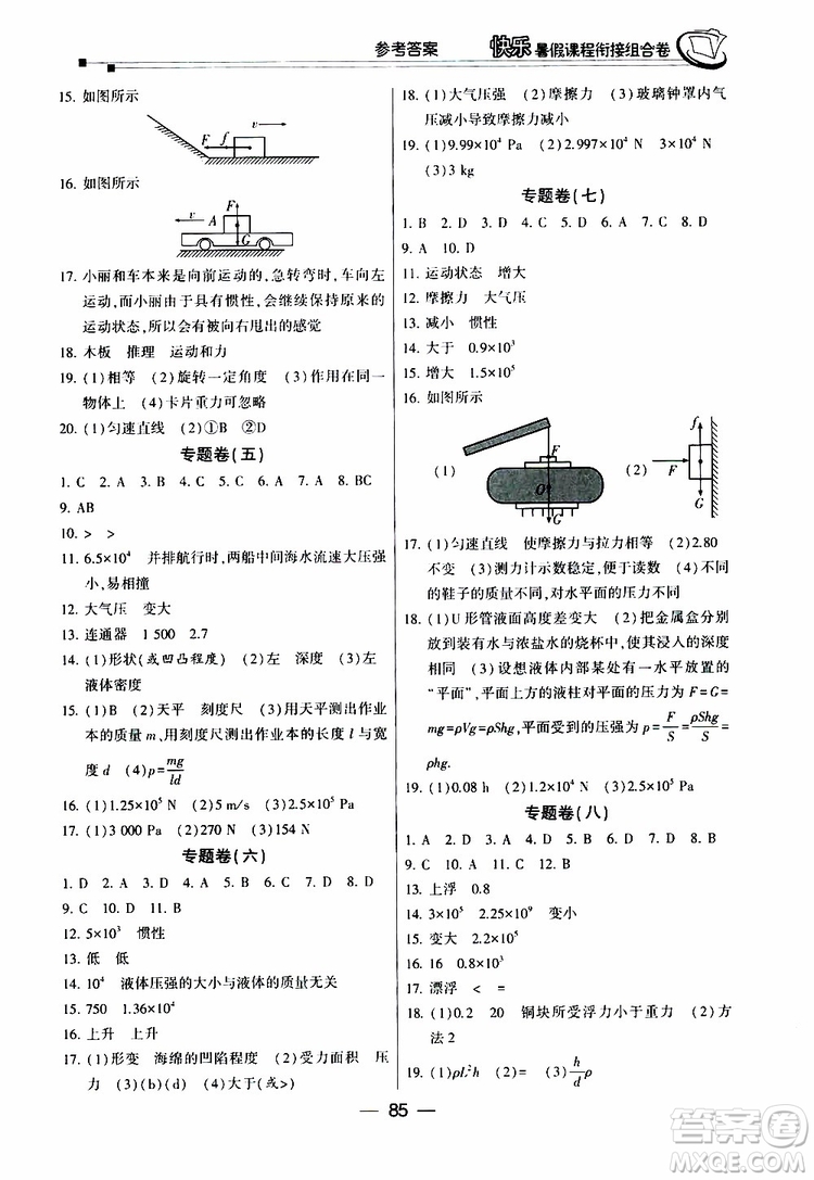 2019年快樂(lè)暑假課程銜接組合卷八年級(jí)物理人教版參考答案