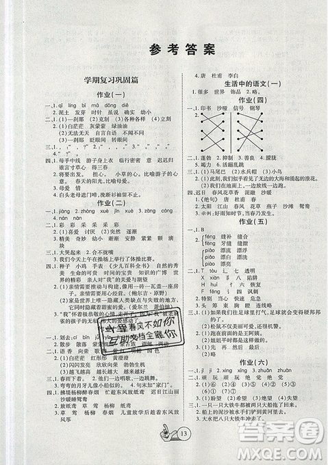 2019年全優(yōu)假期派暑假三年級語文北師大版參考答案