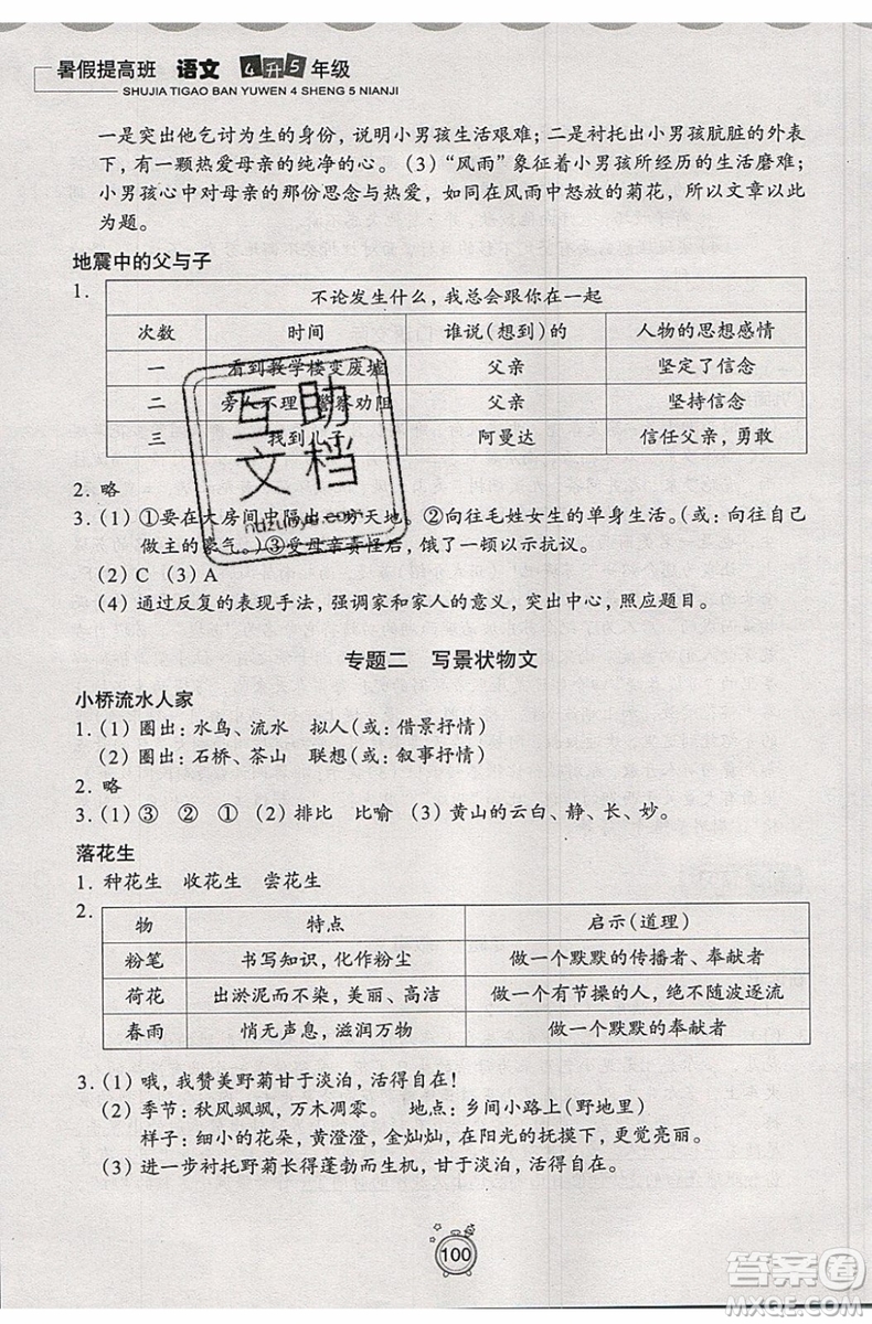 暑假銜接2019年暑假提高班4升5年級語文參考答案