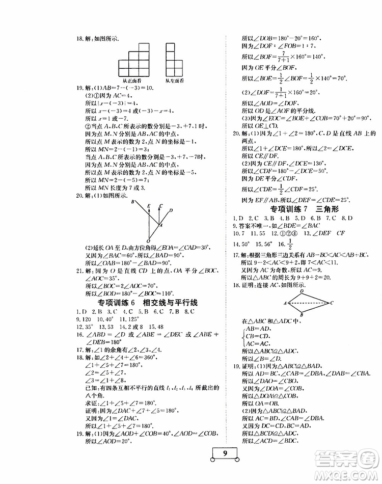 2019年假期作業(yè)假期系統(tǒng)總復習七年級數(shù)學BS北師版期末暑假專用答案