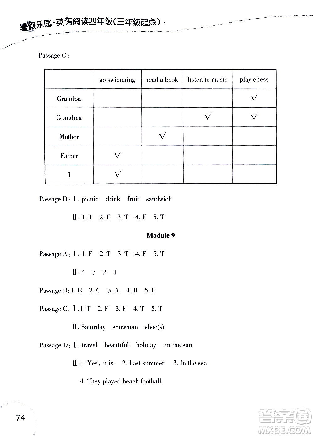 遼寧師范大學(xué)出版社2019年暑假樂園四三年級英語閱讀人教版版參考答案