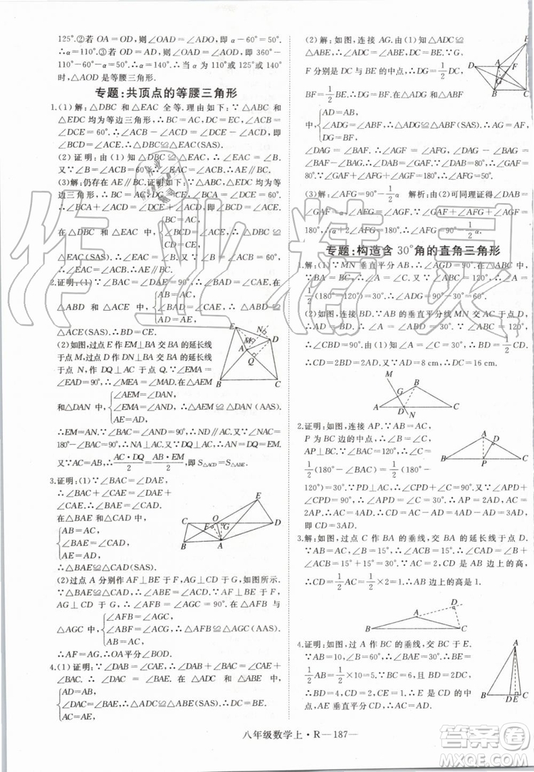 湖北專用2019年優(yōu)翼學(xué)練優(yōu)八年級(jí)數(shù)學(xué)上冊(cè)人教版參考答案