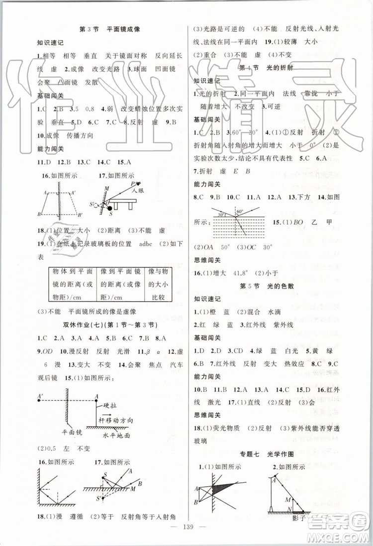 第1課堂2019年秋黃岡100分闖關(guān)上冊八年級物理人教版參考答案