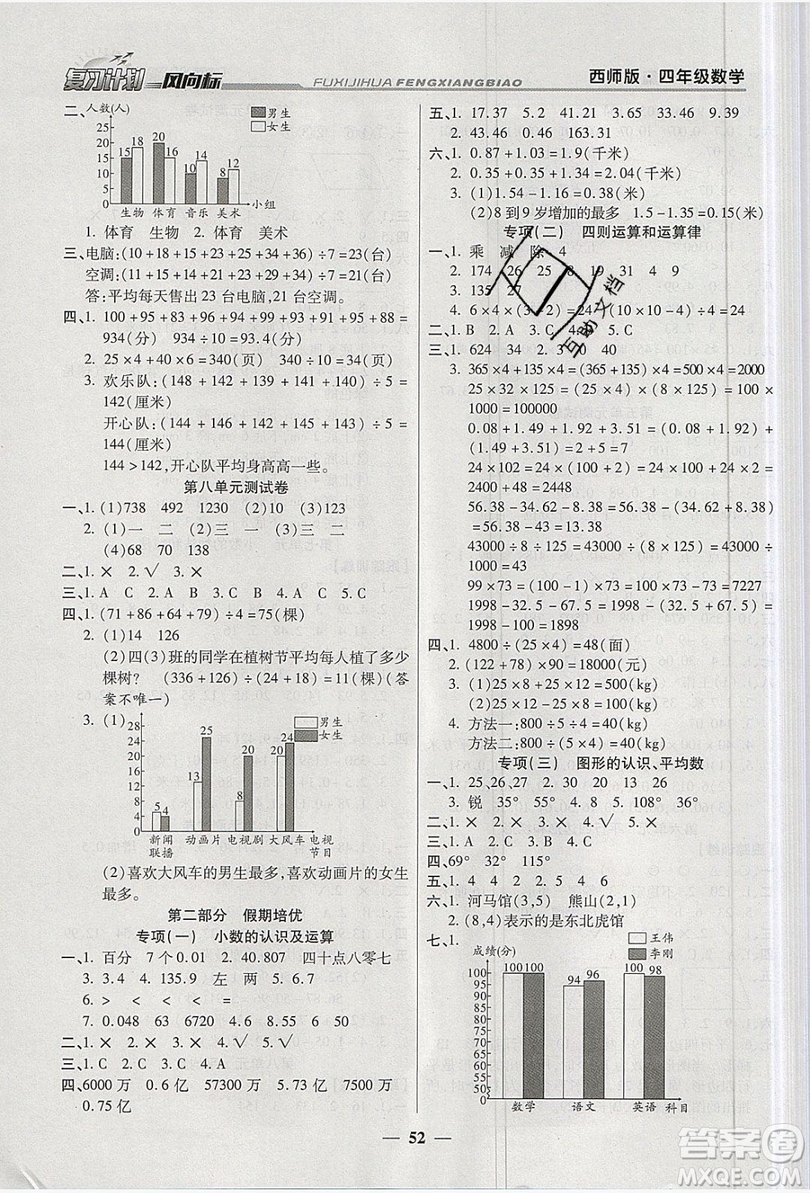 2019小學(xué)生復(fù)習(xí)計(jì)劃風(fēng)向標(biāo)暑假四年級數(shù)學(xué)西師大版答案