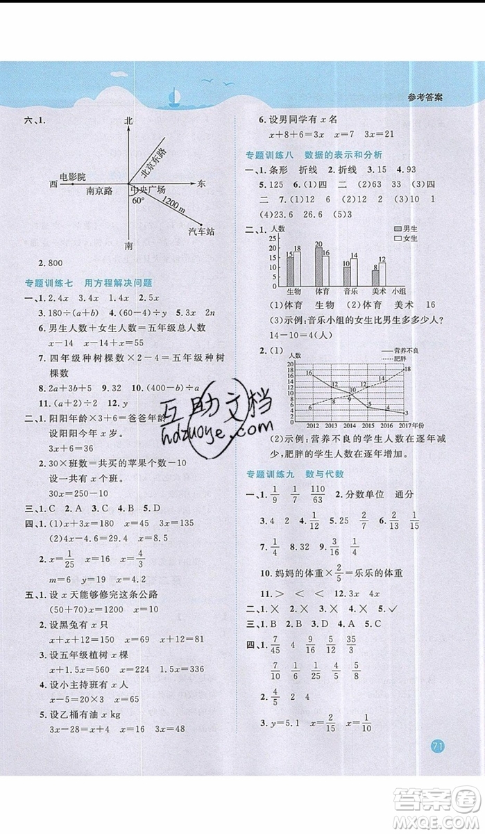 陽光同學2019年暑假銜接五年級下冊數(shù)學5升6北師大版參考答案