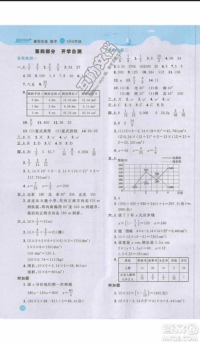 陽光同學2019年暑假銜接五年級下冊數(shù)學5升6北師大版參考答案