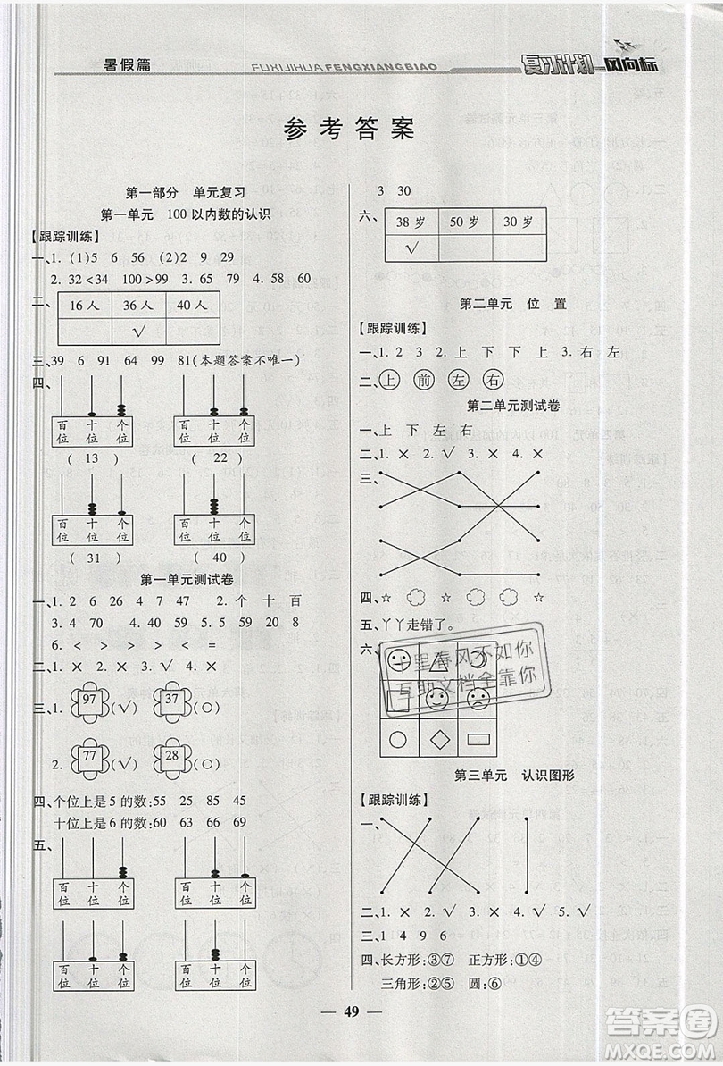 2019小學(xué)生復(fù)習(xí)計劃風(fēng)向標(biāo)暑假1年級數(shù)學(xué)西師大版答案