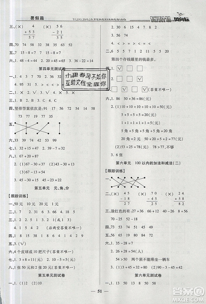 2019小學生復習計劃風向標暑假1年級數(shù)學蘇教版答案