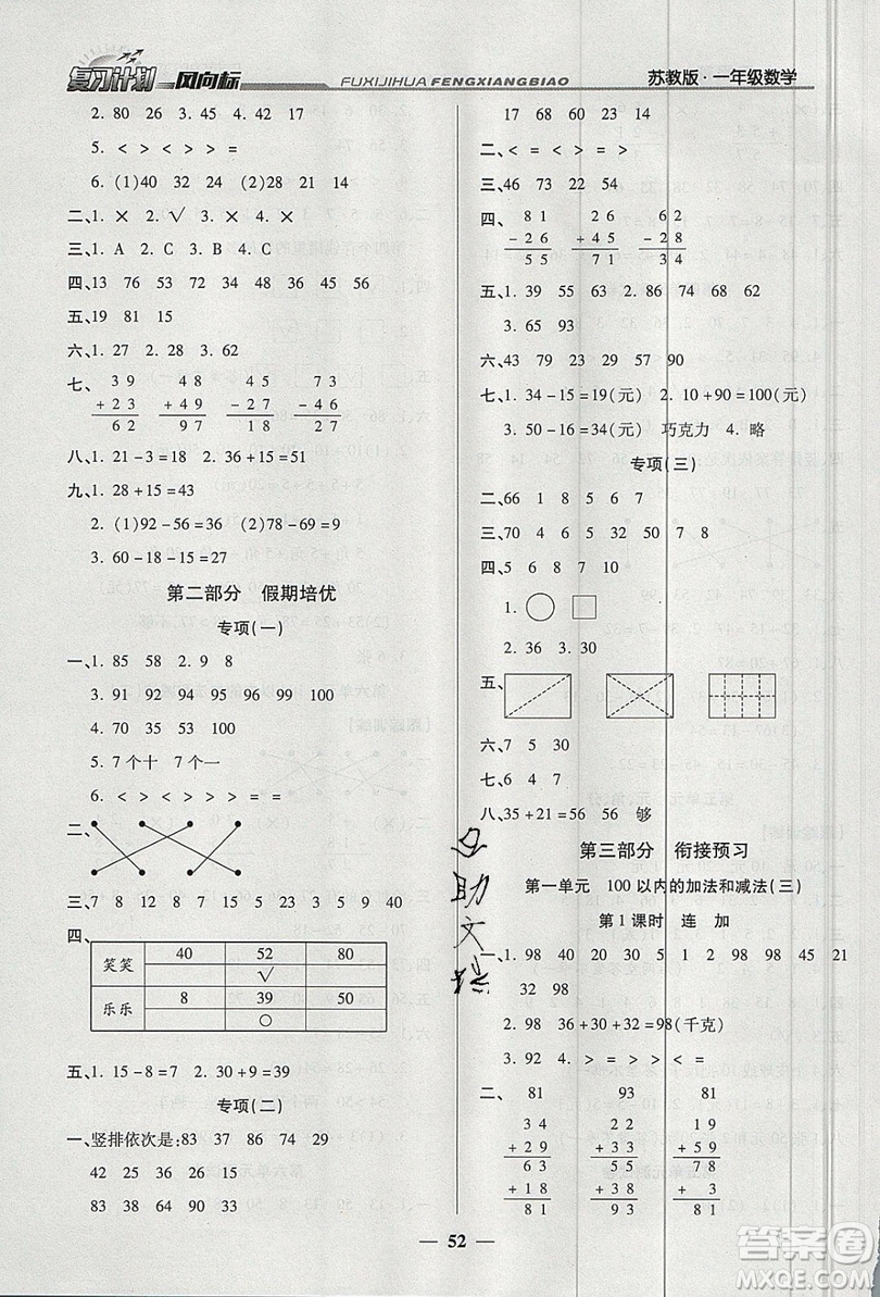 2019小學生復習計劃風向標暑假1年級數(shù)學蘇教版答案