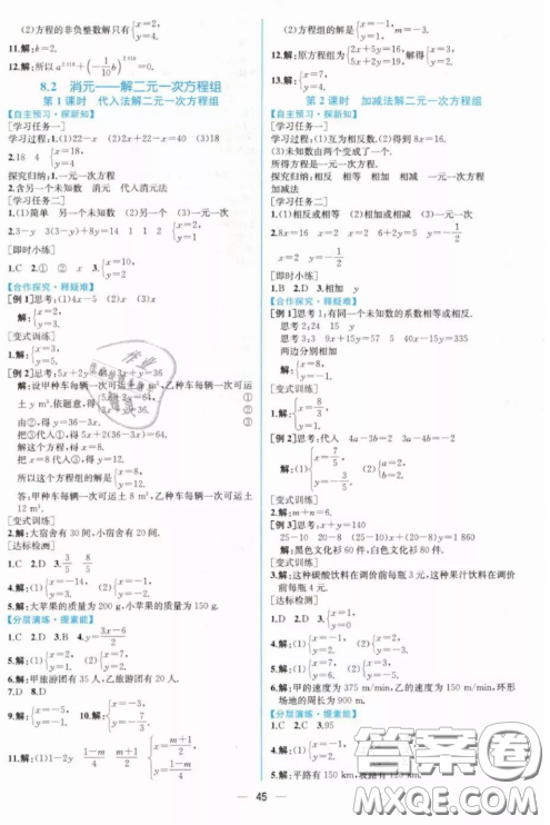 人民教育出版社人教版2019同步學(xué)歷案課時(shí)練七年級數(shù)學(xué)下冊參考答案