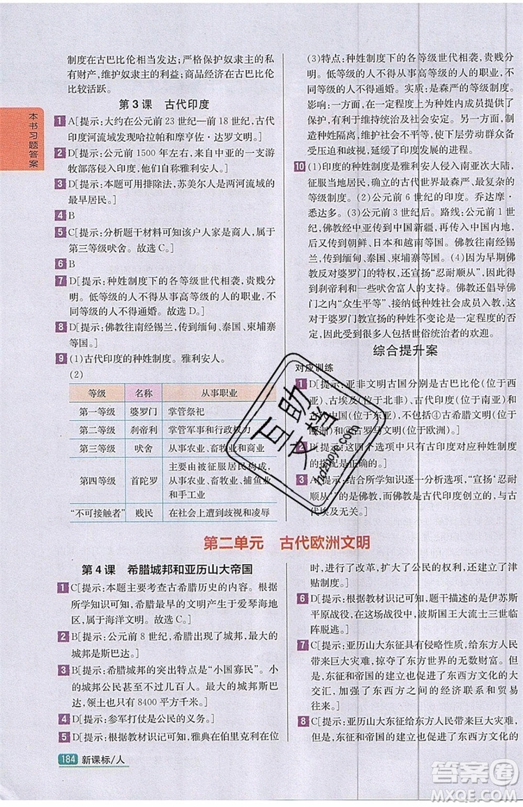 2019年尖子生學(xué)案九年級上冊歷史新課標(biāo)人教版參考答案