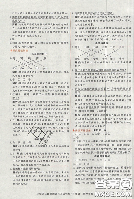 2019最新版新視野海之星小學語文巔峰閱讀與寫話訓練一年級參考答案