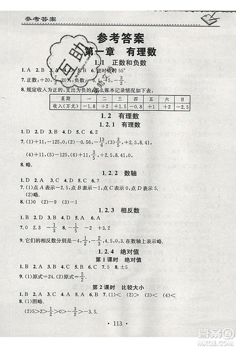 2019名校課堂小練習(xí)七年級(jí)數(shù)學(xué)上冊(cè)人教版RJ版答案