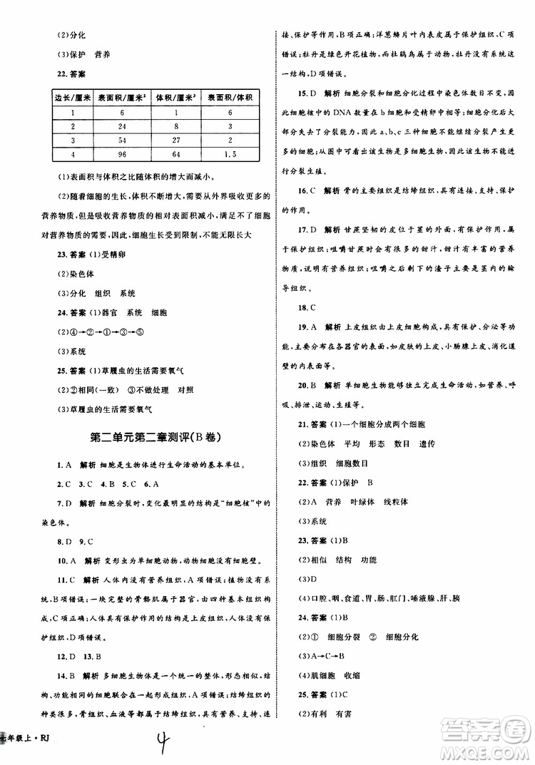 2019年優(yōu)化設(shè)計單元測試卷七年級上冊生物RJ人教版參考答案