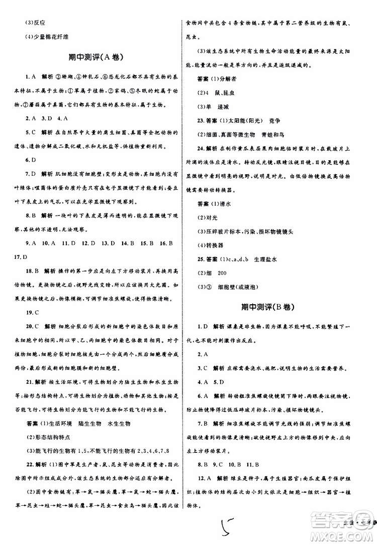 2019年優(yōu)化設(shè)計單元測試卷七年級上冊生物RJ人教版參考答案