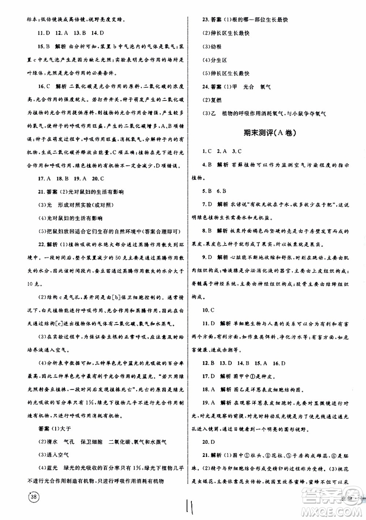 2019年優(yōu)化設(shè)計單元測試卷七年級上冊生物RJ人教版參考答案