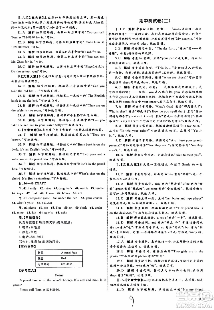 2019年優(yōu)化設(shè)計(jì)單元測試卷七年級(jí)上冊(cè)英語RJ人教版參考答案