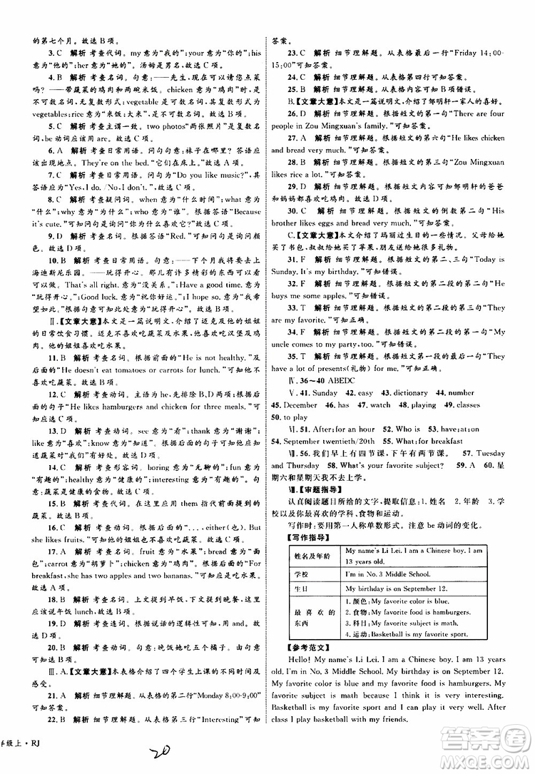 2019年優(yōu)化設(shè)計(jì)單元測試卷七年級(jí)上冊(cè)英語RJ人教版參考答案