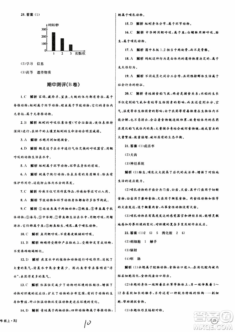 2019年優(yōu)化設計單元測試卷八年級生物上冊RJ人教版參考答案