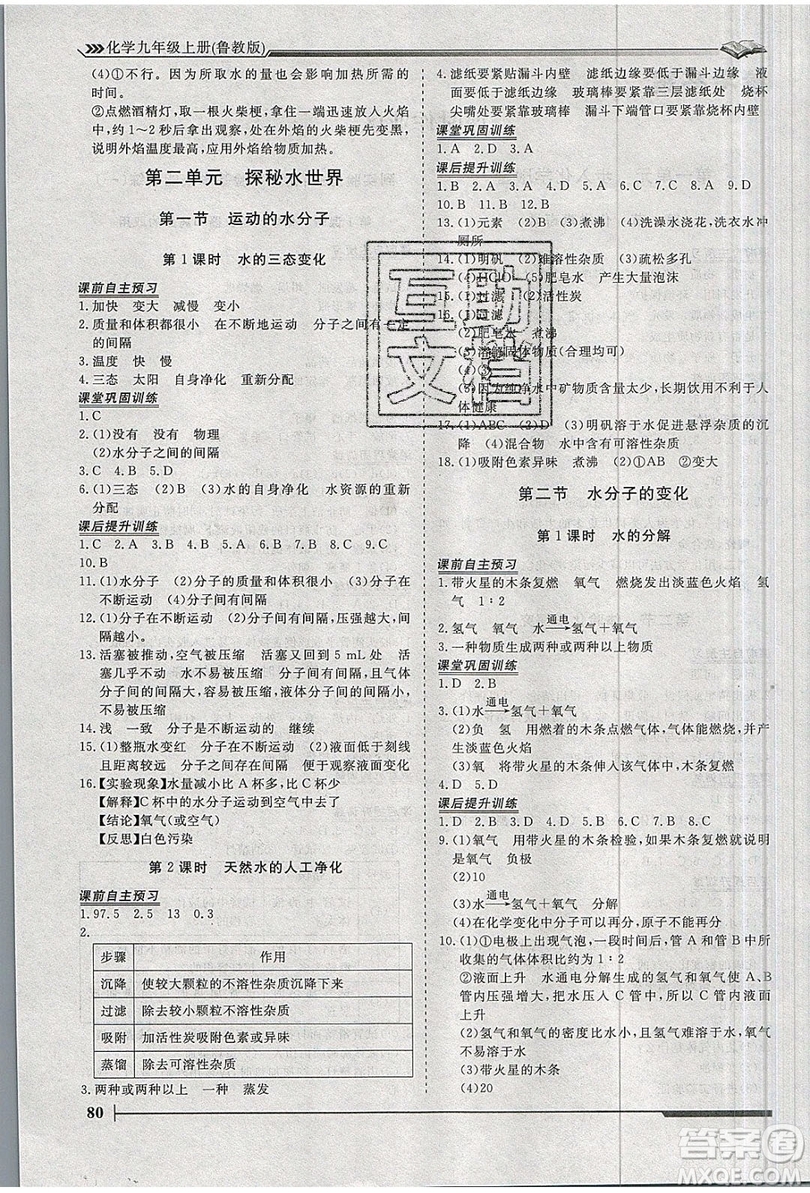 2019標(biāo)準(zhǔn)課堂作業(yè)九年級(jí)化學(xué)上冊(cè)魯教版答案