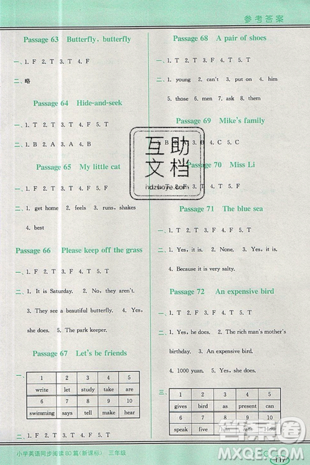 李光明主編2019點(diǎn)津英語小學(xué)英語同步閱讀80篇三年級參考答案