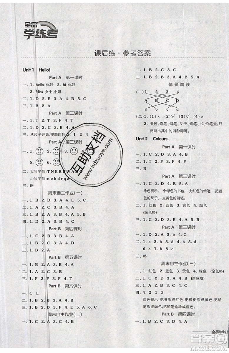 2019年全品學(xué)練考三年級上冊英語新課標(biāo)RJPEP人教版參考答案