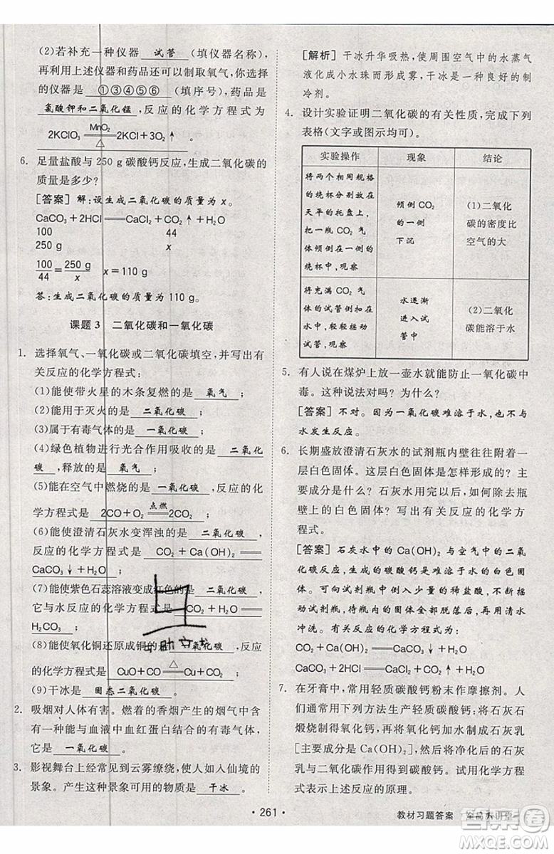 2019年全品大講堂化學(xué)九年級(jí)上冊(cè)人教版RJ參考答案及教材習(xí)題答案