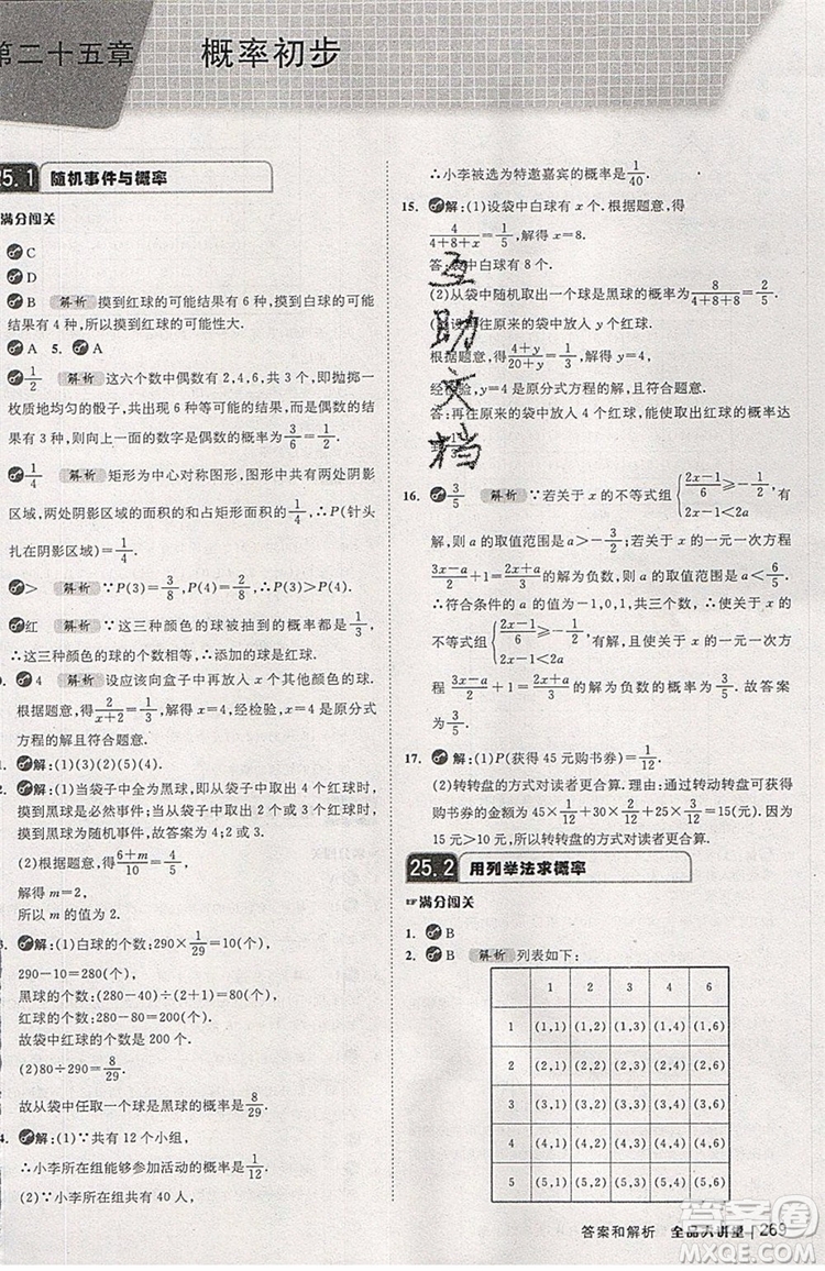 2019年全品大講堂數(shù)學(xué)九年級上冊人教版RJ參考答案及教材習(xí)題答案