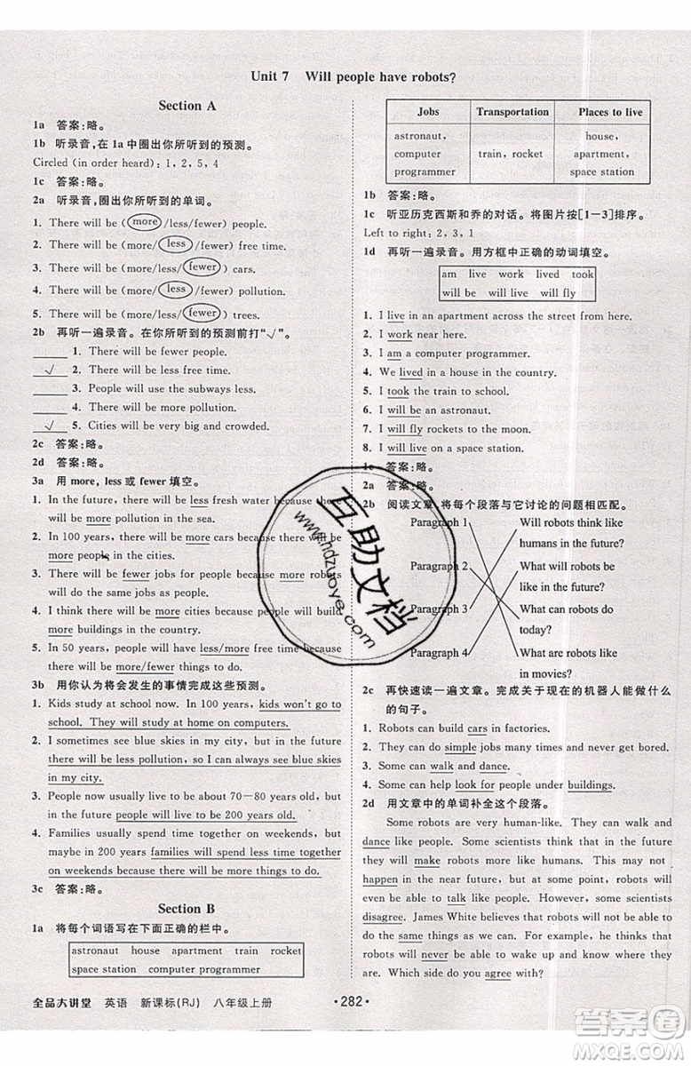 2019秋全品大講堂初中英語八年級(jí)上冊(cè)新課標(biāo)人教版RJ參考答案