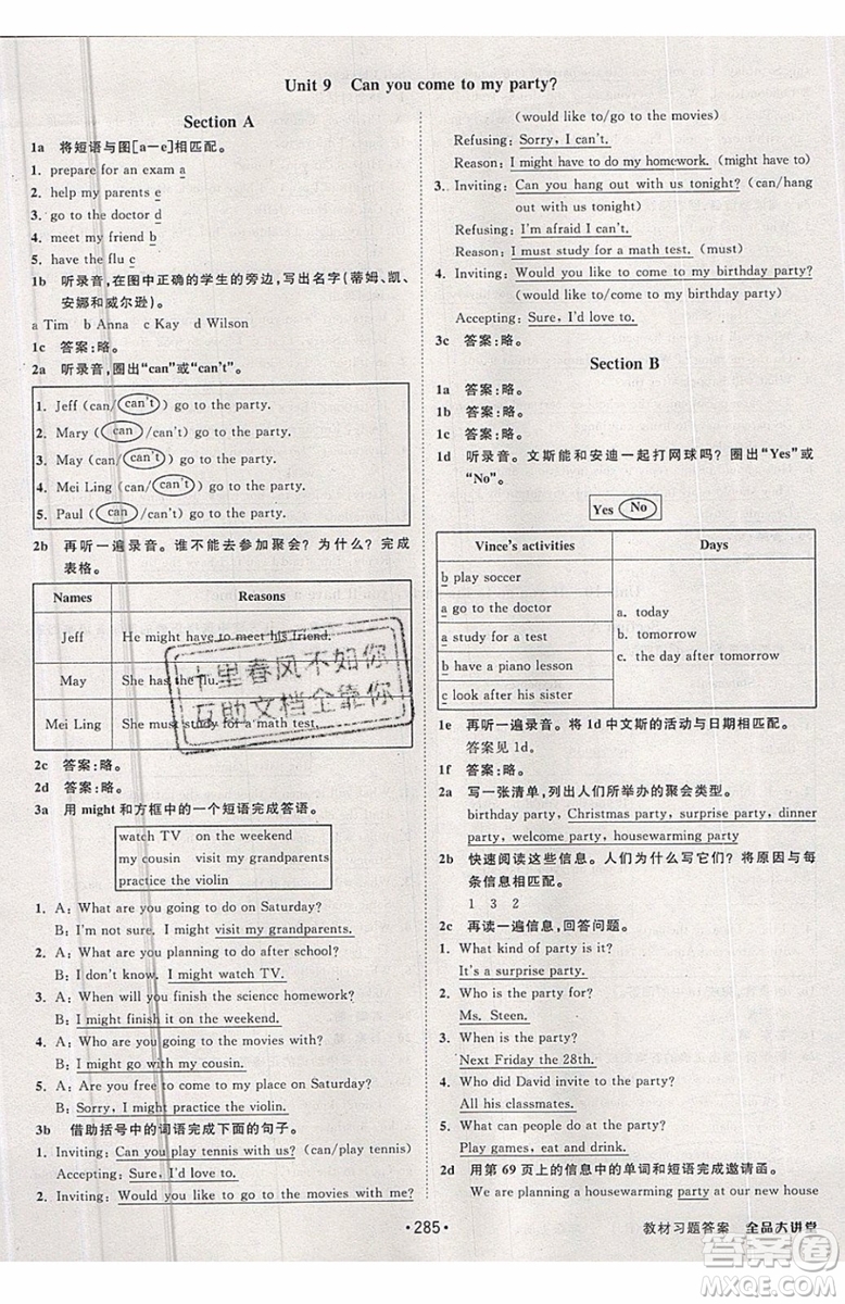 2019秋全品大講堂初中英語八年級(jí)上冊(cè)新課標(biāo)人教版RJ參考答案