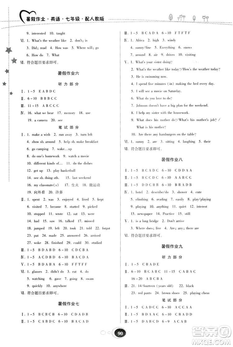 貴州人民出版社2019暑假作業(yè)七年級英語人教版答案