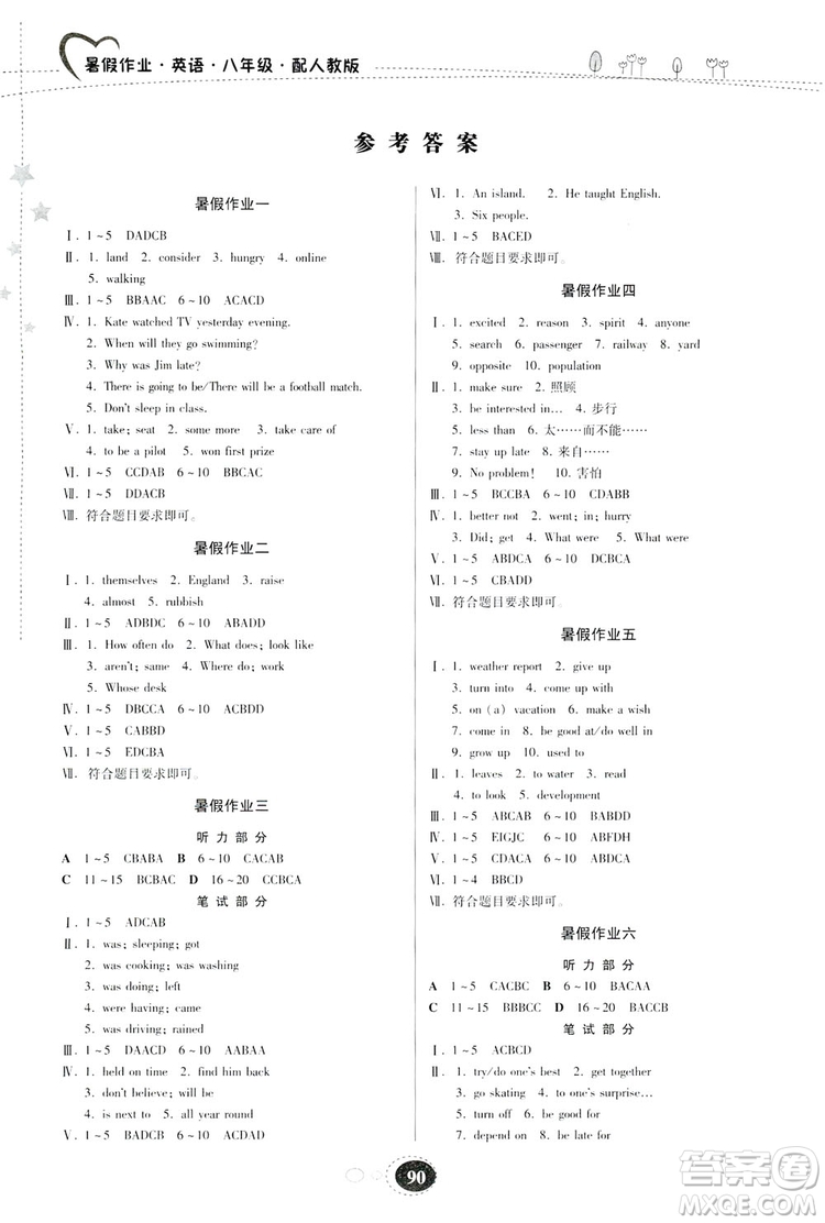 貴州人民出版社2019暑假作業(yè)八年級(jí)英語(yǔ)人教版答案