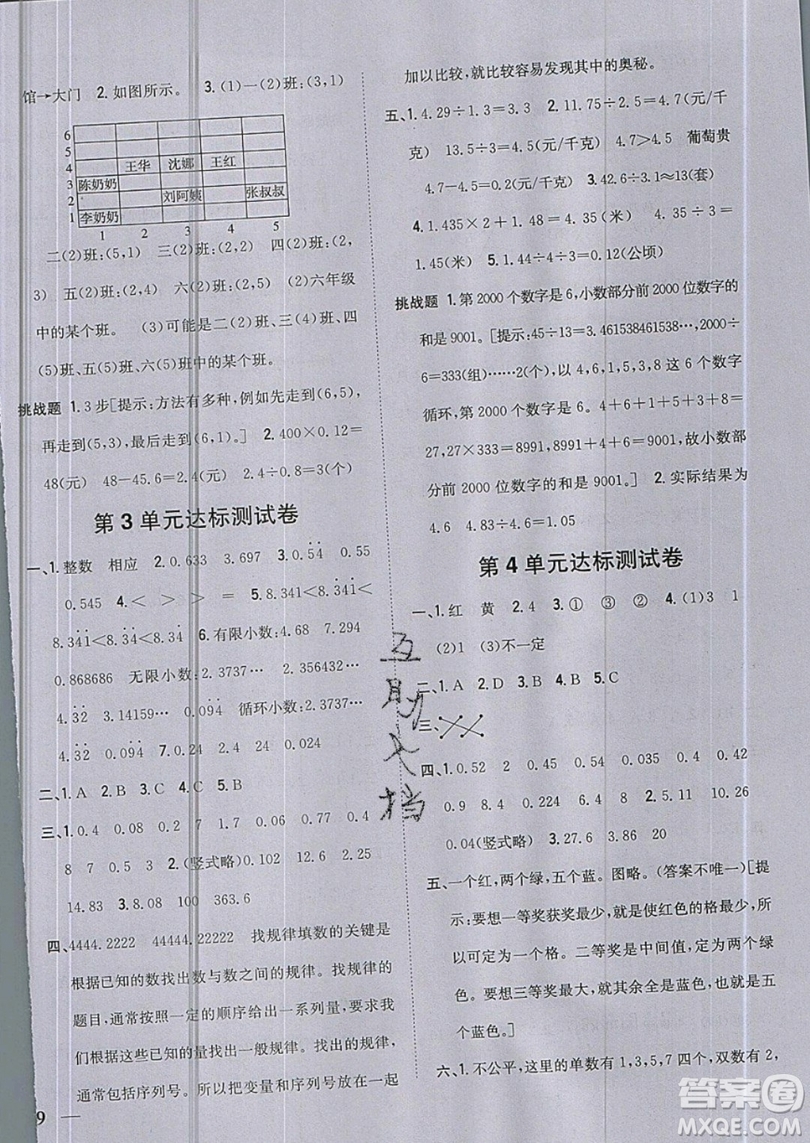 吉林人民出版社2019小學題幫數(shù)學五年級上冊新課標人教版參考答案