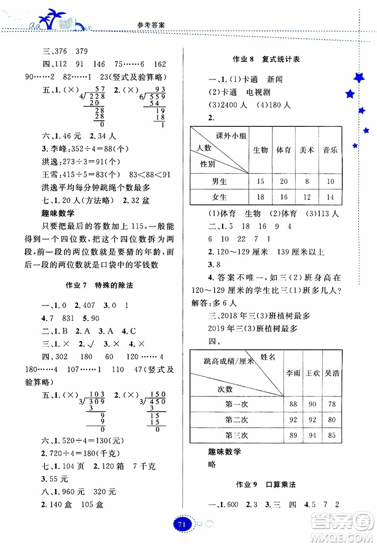 貴州人民出版社2019年暑假作業(yè)數(shù)學(xué)三年級(jí)人教版參考答案