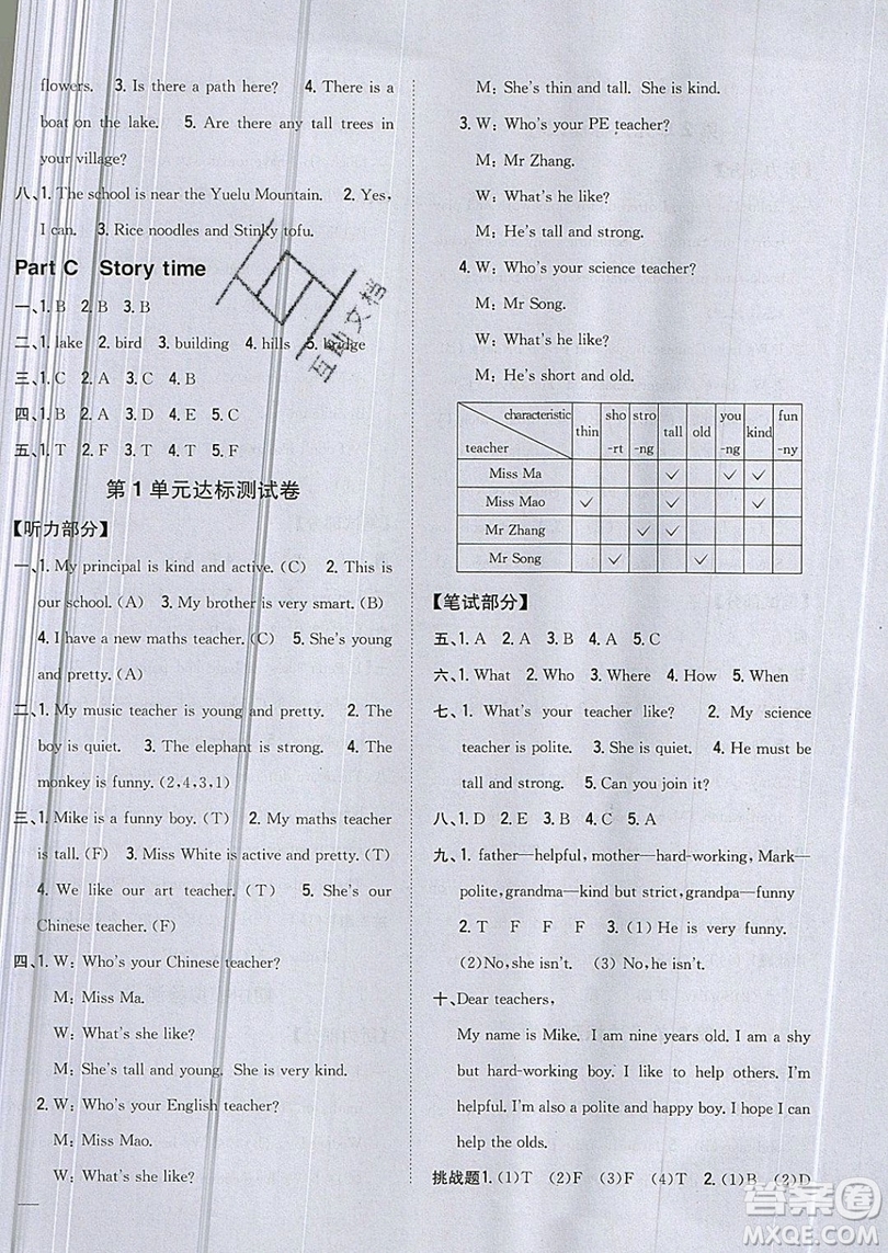 吉林人民出版社2019小學題幫英語五年級上冊新課標人教PEP版參考答案