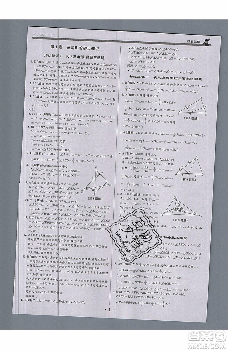 志明教育2019新版優(yōu)+攻略八年級上冊數(shù)學ZJ浙教版參考答案