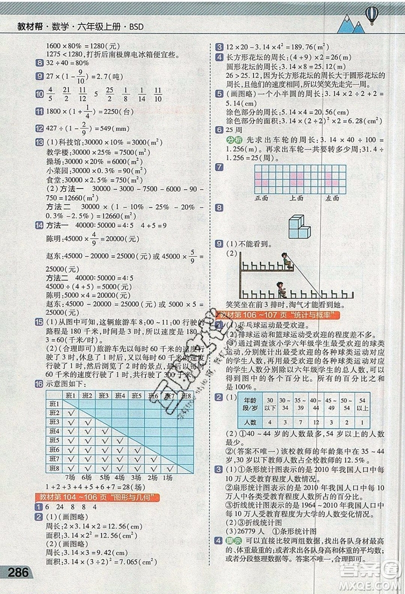 天星教育2019教材幫小學(xué)數(shù)學(xué)六年級上冊BSD北師大版參考答案