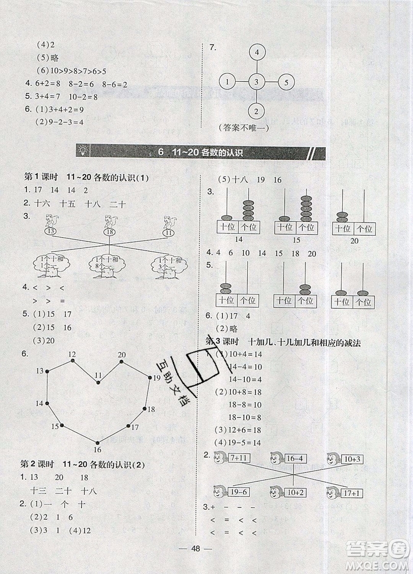 2019北大綠卡課時同步訓練一年級上冊數(shù)學人教版參考答案