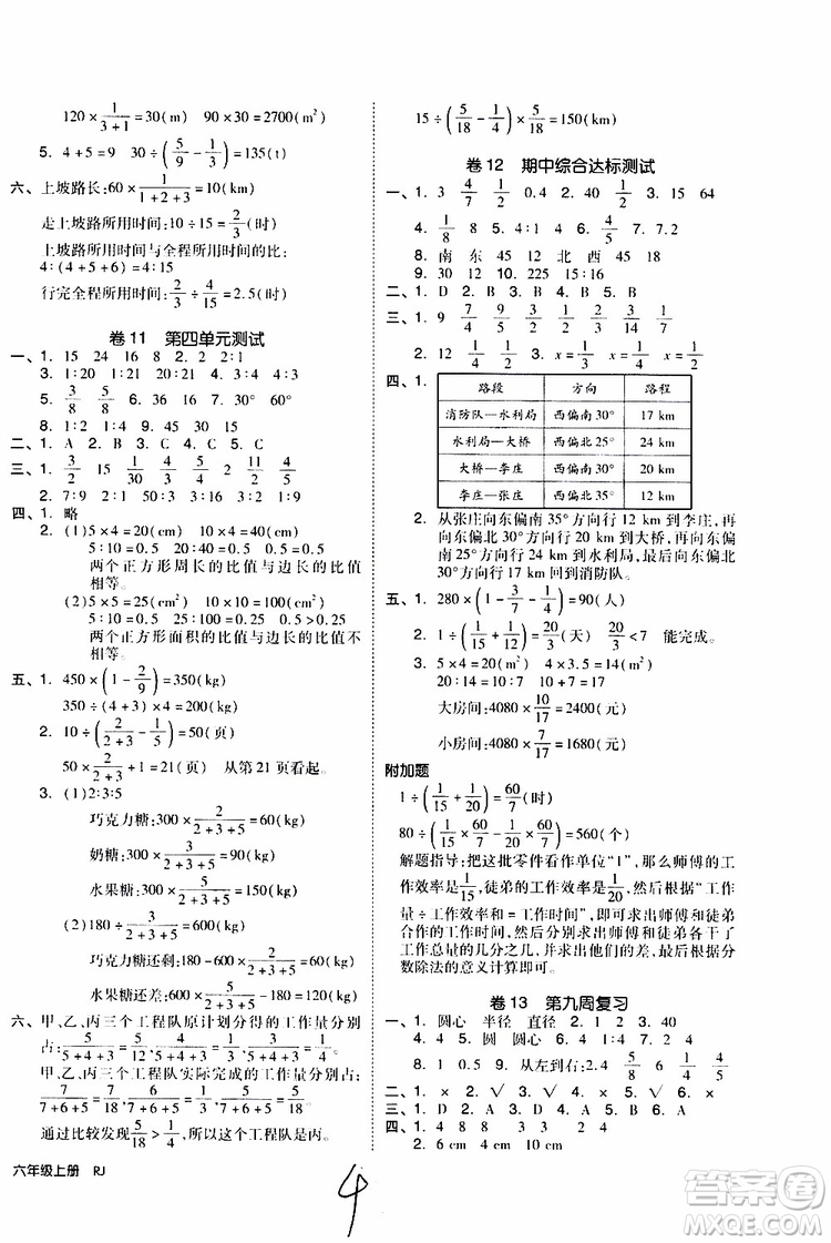 全品小復(fù)習(xí)2019年小學(xué)數(shù)學(xué)六年級上冊人教版RJ參考答案