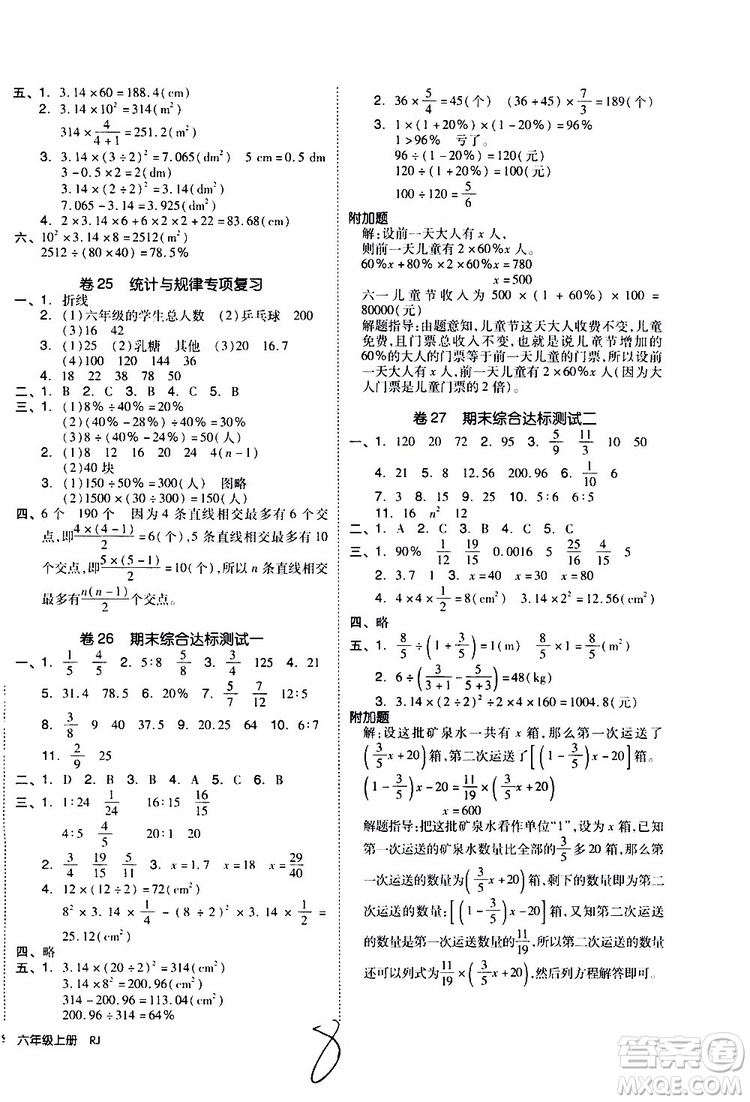 全品小復(fù)習(xí)2019年小學(xué)數(shù)學(xué)六年級上冊人教版RJ參考答案