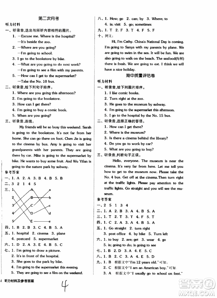 2019年全品小復(fù)習(xí)小學(xué)英語(yǔ)六年級(jí)上冊(cè)人教版RJ參考答案